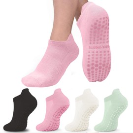 Hebterrka 4 Pairs of Women's Yoga Socks Non-Slip with Nubs, Non-Slip Warm Barre, for Pilates, Ballet, Dance, Rehabilitation, Fitness and Hospital, multicoloured