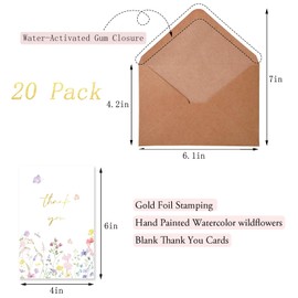 Floral Thank You Cards with Adhesive Envelopes, Gold Foil 4" x 6" Watercolor Wildflower Thank You Cards Blank for Wedding, Birthday, Bridal Showers, Baby Showers, Business, All Occasion(20 pack)