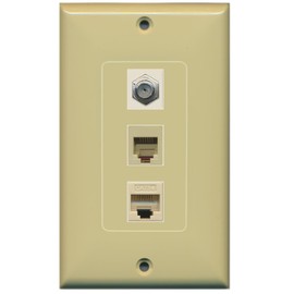 RiteAV - 1 Port Coax Cable TV- F-Type Phone RJ11 RJ12 and 1 Port Cat5e Ethernet Decorative Wall Plate - Ivory - Bracket Included