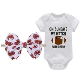 J&J Boutiques Football White Onesie & 6'' Bow Nylon Headband - 6 months
