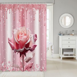 Manfei - Cortinas de ducha de color rosa claro con diamantes de color rosa claro para niños y niñas, cortinas de baño impermeables con 12 ganchos para tina, 72 pulgadas de ancho x 84 pulgadas de largo