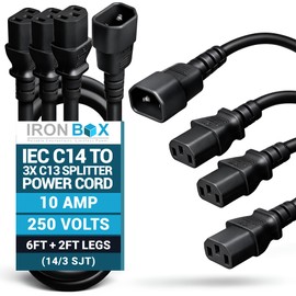IronBox Electric IEC C14 to 3X C13 Splitter Power Cord - 10A, 250V, 14/3 SJT - Heavy Duty Outlet Splitter - UL Listed Cable Extension Cord for Monitor, Computer, Data Centers & More (6ft + 2ft Legs)