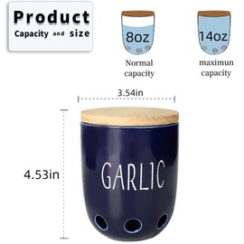 Ceramic Garlic Keeper for Counter, Garlic Saver Container with Wood Lid, Garlic Keeper for Kitchen, Garlic Holder to Keep Your Garlic Cloves Fresh Longer (Navy)