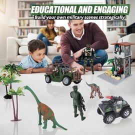 Military Soldier Action Figures,Army War Base with Vehicles Helicopter Army Men,Military Combat Toy Sets with Watchtower Building Blocks Dinos Park Toddle Christmas Birthday Gift for Kids Boy