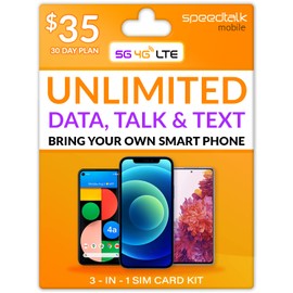 SpeedTalk Mobile $35 Preloaded Smart Phone SIM Card Kit | Unlimited MInutes Call & SMS Text + 10GB of 5G/4G LTE Then Unlimited Data at 2G Speed | 30 Days Wireless Cellphone Service Plan | USA Coverage