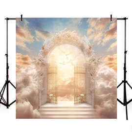 MEHOFOND 8x8ft Stairway To Heaven Backdrop for Photography Paradise Gate Sky White Clouds Background Adult Children Portrait Baptism Funeral Memorial Day Church Decor Banner Photo Studio Props
