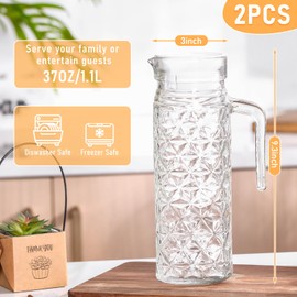 Gejoy 2 Pcs Glass Pitcher with Lid Fridge Pitcher with Handle Glass Water Pitcher Practical Juice Containers Easy to Use Milk Jug Jar Carafe for Lemonade, Iced Tea, Cocktails, Water (Diamond, 40 oz)