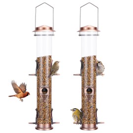 MIXXIDEA 2PK Metal Bird Feeders with 6 Feeding Ports,Tube Bird Feeder with Steel Hanger,Wild Bird Feeder for Outdoors Hanging, Attracting Birds in Your Lawn, Garden, Balcony (Antique Copper)
