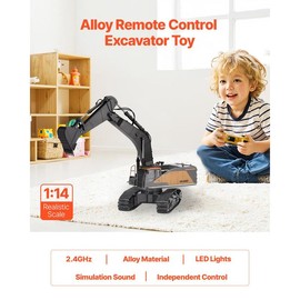 VEVOR Remote Control Excavator Toy, 15 Channel, 3 in 1 Remote Control Digger with Metal Shovel, 1:14 Scale RC Excavator with Light & Sound, Full Functional Construction Vehicles for Kids, 2 Batteries