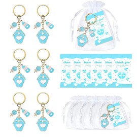 6 Sets Baby Shower Favours, Blue Footprint Keychains with Organza Bags& Thank You Cards,Baby Shower Gifts for Guests Party (Blue)