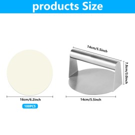 Stainless Steel Burger Press,5.5" Hamburger Smasher Tool,Non-Stick Round Burger Smasher for Griddle Hamburger Press Patty Maker for Cooking Bacon Ground Beef Meats Sausage Patty Presses+100 Oil Paper