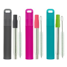 NAIVELY- Metal Reusable Straws 3 Pack Collapsible Stainless Steel Straw,travel straw with case and Cleaning Brush,Retractable Portable Pocket Straws