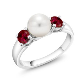 Gem Stone King 925 Sterling Silver Freshwater Pearl and Red Created Ruby Ring For Women (0.80 Cttw, Gemstone July Birthstone, Size 7)