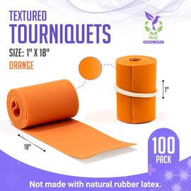 AMZ Medical Supply Orange Disposable Tourniquet, 1 x 18 Inch. Pack of 100 Emergency Medical Supplies. Soft Tourniquet for Blood Draw. Emergency Tourniquet Textured, Rolled and Banded