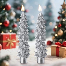 Ceoighe 2 Pack Christmas Tree Candles, 5 Inch Unscented Tree Shaped Taper Beeswax Candles for Christmas Holiday Decor Table Centerpiece Display Party Banquet Gift (Silver)