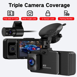 LECTRUS 4K Dash Cam Front and Rear Inside, 3 Channel Dash Camera for Cars with 64GB SD Card, 5G WiFi Dash Cam APP Control, Night Vision, 3" IPS Screen, G-Sensor, 24H Parking, Loop Recording, K02 Pro
