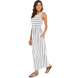 BDTECAOR Maxi Dress, Women's Summer Boho Sleeveless Beach Dresses, Casual Long Tank Dress with Pockets, White