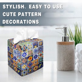 Tissue Box Cover Square Velvet Decorative Tissue Box Holder Cute Funny Cube Tissue Case Cover-Mexican Talavera Tiles Tissue Box Cover