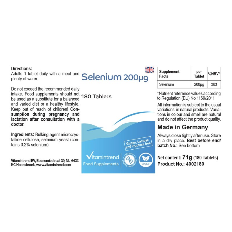 Selen 200μg aus Selenhefe - 180 Tabletten - hochdosiert -