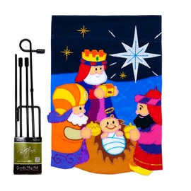 Three Kings Garden Flag Stand Kit Wall Hanging Decor for Home Stake Patio Post Embroidered Three Kings Decorations Welcome Yard Sign Applique Tapestry Sewing Winter Handcraft Gifts for Grandma