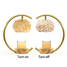 Yeuslor Gold Candle Warmer Lamp for Jar Candles with Adjustable Brightness＆Timer，Handcrafted Crystal＆Wooden Base, Luxurious Design,Home Decoration Electric Candle lamp(C-Shaped)