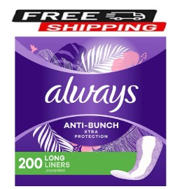 Always Anti-Bunch Xtra Protection Daily Liners, Unscented, Long, 200 ct.