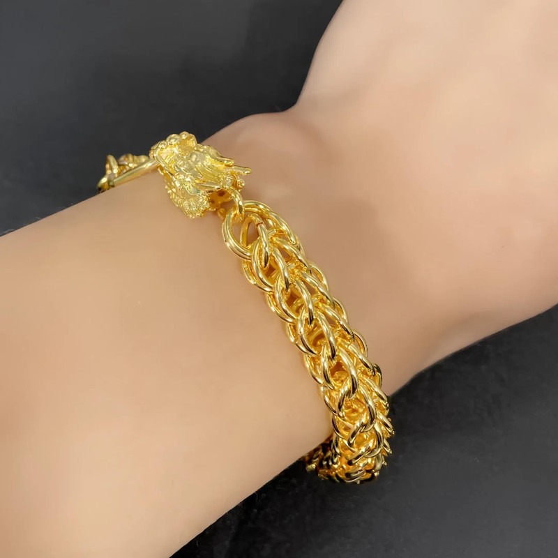 HannaFires ダブルヘッド金龍ブレスレット – 24Kゴールドメッキ チェーン 成功・富・健康・守護の開運アクセサリー ビジネスマン・ビジネスウーマンへの高級ギフト