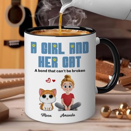 PENHAL Personalize Cat Mom Mug (Girl - Cat) - A Girl And Her Cat A Bond That Can't Be Broken With Customized Avatar And Name - Happy Mother's Day - Birthday Unique Gifts For Mom Woman