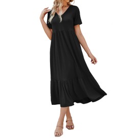 Women's 2025 Summer Short Sleeve V Neck Swing Dress Flowy Tiered Maxi Beach Sundress with Pockets Black