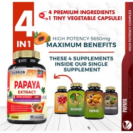 Papaya Leaf Extract Supplements Capsules 5650mg, 3 Months Supply with Kalmegh, Apple Pectin, Peppermint - Improved Digestion Function - 90 Vegan Capsules
