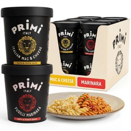 Primi Italian Pasta Cup - 6 Mac & Cheese and 6 Marinara - 12 Pack - Made in Italy - Non-GMO Easy Meals, No Refrigeration, Shelf Stable Instant Go Cups, Ready in 3 Minutes Lunch Food - Ready Pasta