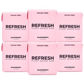 Refresh Plant Based Gum, Sugar Free, Long Lasting Chewing Gum with Stevia, Xylitol, Natural Flavors & Organic Ingredients, Low Calorie, Non GMO, Gluten Free, Vegan, Raspberry Flavor, 12 Pcs, 6 Pack