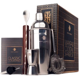 Rusty Barrel Mayfair Original Cocktail Shaker Set - Complete Cocktail Making Set with Manhattan Shaker, Strainer, Muddler, Jigger, Pourer, Spoon & Recipe Book - Beautifully Presented Cocktail Gift Set