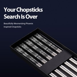Phoenix Chopsticks Metal Reusable Designed In Korea Japanese Style Stainless Steel 316 18/10 Non-Slip Dishwasher Safe Laser Etched (Black - 5 Pairs)