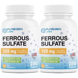 Puregen Ferrous Sulfate 325mg 65mg Elemental Iron High Potency Iron 200Tabs 2Pk