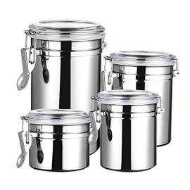 QRZLP Set of 4 Stainless Steel Canisters, Airtight Food Storage Canister Set with Clear Lid Kitchen Containers Sets for Coffee Bean, Cereal, Sugar, Flour, Tea, Candy, Cookie, Spice, 28/32/38/65 oz.