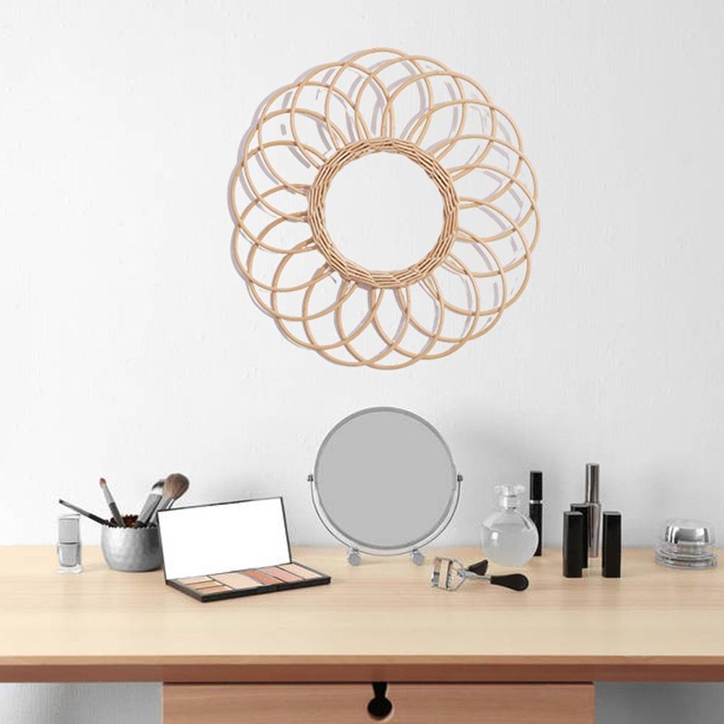 Wall Hanging Mirror Rustic Rattan Makeup Mirror for Bathroom Dressing