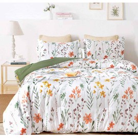 Full Size Comforter Set, White Yellow Floral, Green Leaf Pattern Print Reversible Down Alternative Bed Sets - 80 x 90 3PC Soft Microfiber Flower Duvet Vintage Farmhouse Bedding in a Bag for Women Men
