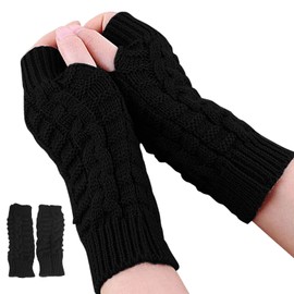 Andiker Winter Fingerless Gloves for Women, Knitted Arm Warmer Thumb Hole Gloves Soft Wrist Half Finger Mittens (black)