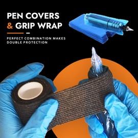 Tattoo Grip Tape Tattoo Pen Bags 204 Pieces Set, Unihuby 6 Pieces Tattoo Grip Bandage Tattoo Pen Bags Blue 200 Pieces Disposable Tattoo Accessories