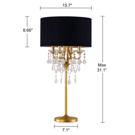 Wellmet Drum Shade Black Crystal Table Lamp, 4 Light Black Gold Shade Table Lamp, Candle Base Table Light, for Living Room, Bedroom, Reading Room, Hallway, Corridor