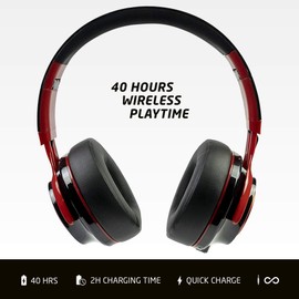 PowerLocus P3 Bluetooth Headphones Over-Ear, [40h Playtime, Bluetooth V5.0] Wireless Headset Hi-Fi Stereo Headphone, Foldable with Mic, Deep Bass, Wired Mode for Cell Phones/Laptop/PC/TV (Black/Red)