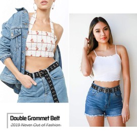 WERFORU Double Grommet Belt PU Leather Punk Belt for Women Black Studded Belts 1.5 Wide