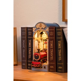 ROBOTIME DIY Book Nook Kit Insert Bookcase Book Stand 3D Wooden Puzzle DIY Miniature House Wood Bookend Book Nook Model Building Kit with LED Light Booknook Decoration (Time Travel)