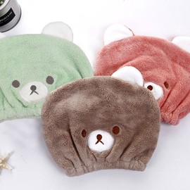 Girls' Ultra Absorbent Hair Drying Wrap Towel Hat Cartoon Cute Bear embroidery Coral Velvet Wet Hair Dry Turban Wrap Quick Dry Head Towel Cap Hat for Bath Shower Washing Hair Spa Towel for Kids
