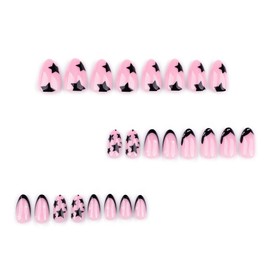 Black Star Press on Nails Medium Almond Fake Nails with Design French tip Glue on Nails Nude False Nails Press ons Full Cover Glossy Reusable Black Nails for Women Girls Manicure 24pcs