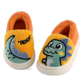 ESTAMICO Boys Girls Plush Warm Slippers Kids Cute Animal House Slipper Winter Indoor Memory Foam Shoes, Yellow/Dinosaurs 13.5-14 Little Kid