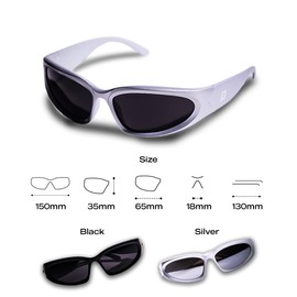 HERO Y2K Wrap Around Fashion Sunglasses Silver Oval Shades Sports Sun Glasses Cyber Aesthetic Eyewear for Women Men