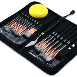 Transon Art Paint Brush Kit 16 Paint Brushes with Foam Brush Sponge Spatula and Art Case for Oil, Acrylic, Watercolor, Gouache, Painting Black Color