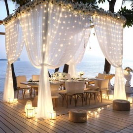 White Tulle Backdrop Curtain with Lights String, 10ft x 10ft for Weddings Baby Showers Birthday Parties, Sheer Wrinkle Free Backdrop, Easy to Install Photo Booth Background Decorations